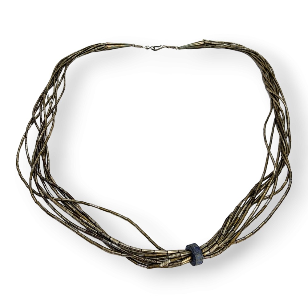 Vintage Liquid Silver Nickel Silver Beaded 9 Strands Single Blue Bead Necklace